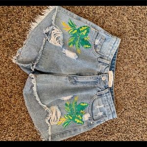 Embroidered distressed mom shorts